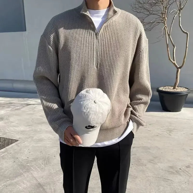 2023 Spring Autumn Men New Fashion Men Loose Half-high Collar Zipper Pullover Knitted Sweater Jacket All-match Clothing