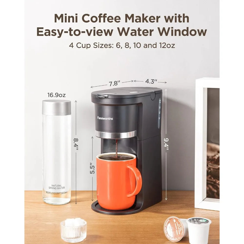 Mini Coffee Maker Single Serve, Instant One Cup for K Cup & Ground Coffee, 6 to 12 Oz Brew Sizes, Capsule Coffee Machine, Black