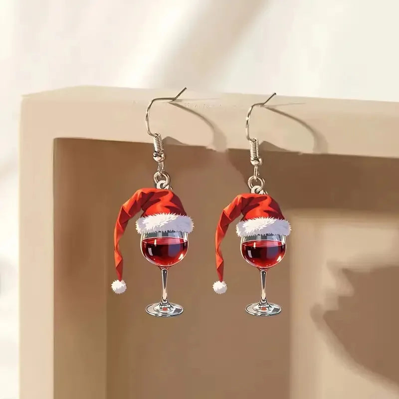 Wine Cup Christmas Hat Acrylic Pendant Earrings Woman New Year Wine Glass Christmas Pendant Earrings Friends Jewelry Gift