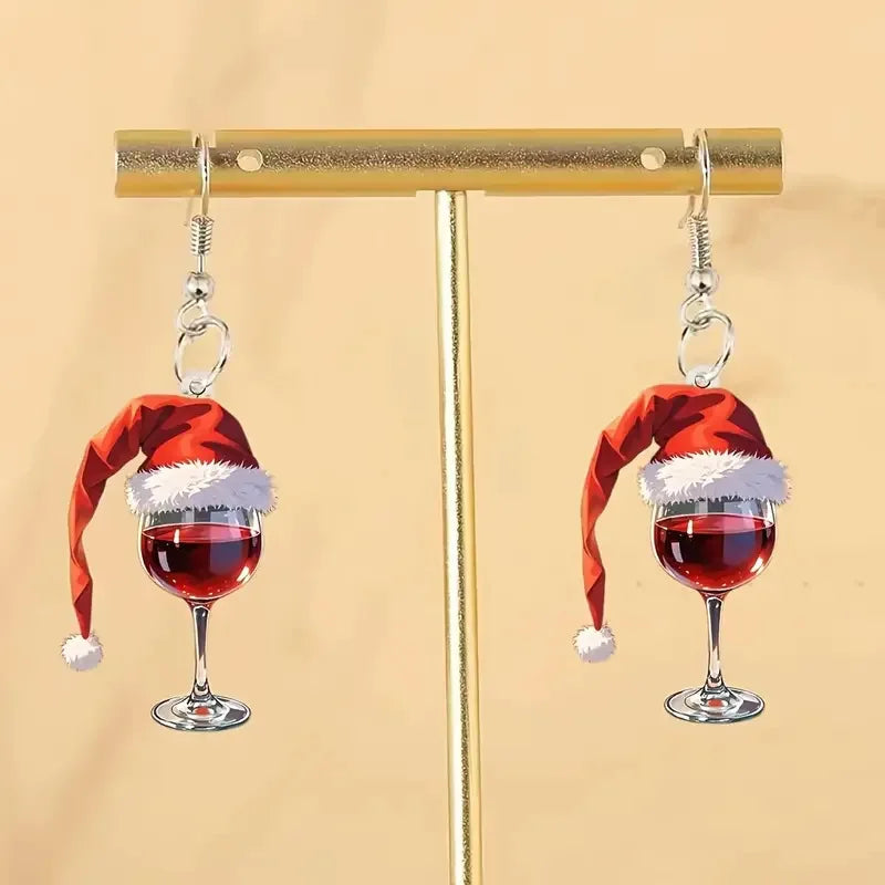 Wine Cup Christmas Hat Acrylic Pendant Earrings Woman New Year Wine Glass Christmas Pendant Earrings Friends Jewelry Gift