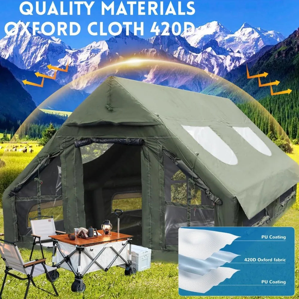 Inflatable Camping Tent, Luxury 4 Season Family Glamping Tents with Pump, Waterproof Canopy, Mesh Windows & Door
