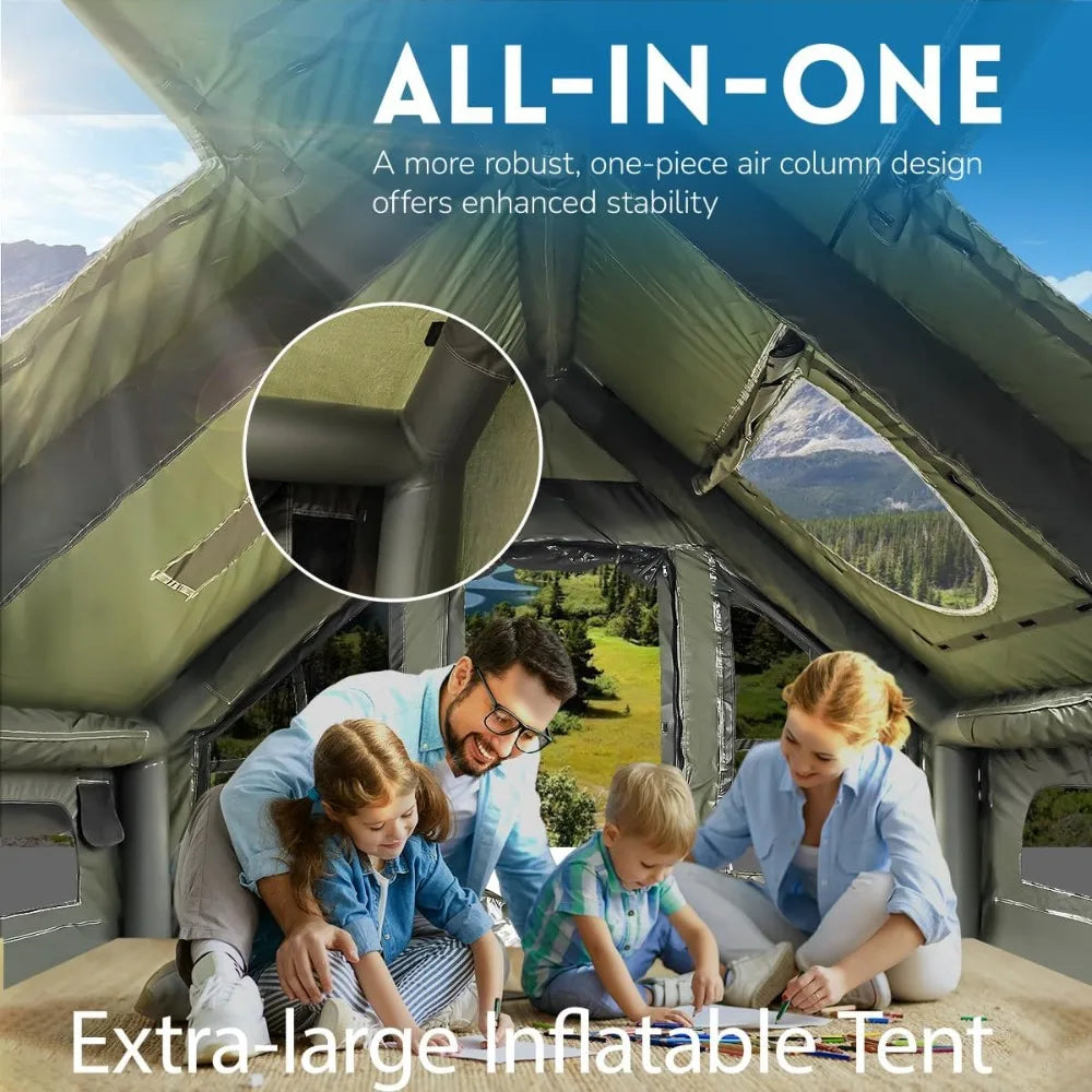 Inflatable Camping Tent, Luxury 4 Season Family Glamping Tents with Pump, Waterproof Canopy, Mesh Windows & Door