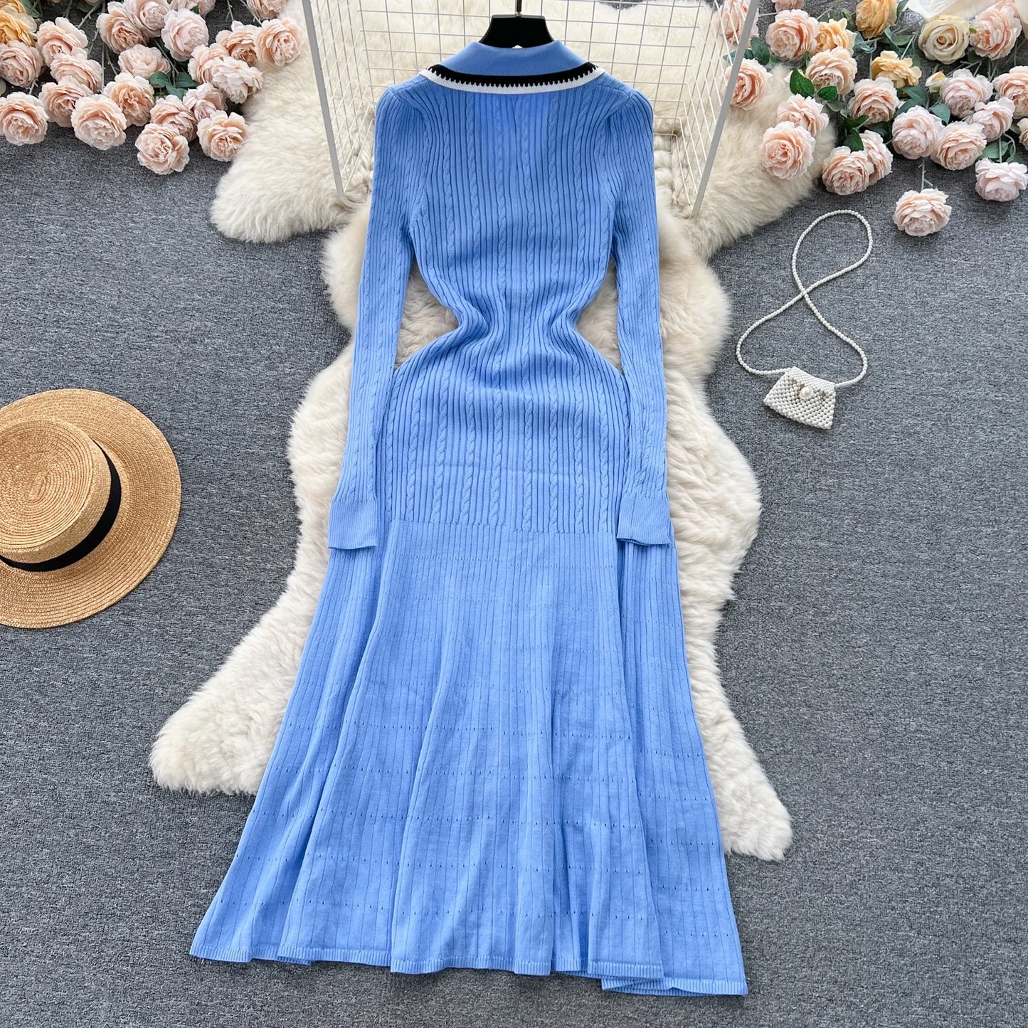 Elegant V Neck Single Breasted Embroidery Long Sleeve Knit A-line Dress Slim Fashion Sweater Sexy Women Autumn Winter Clothing