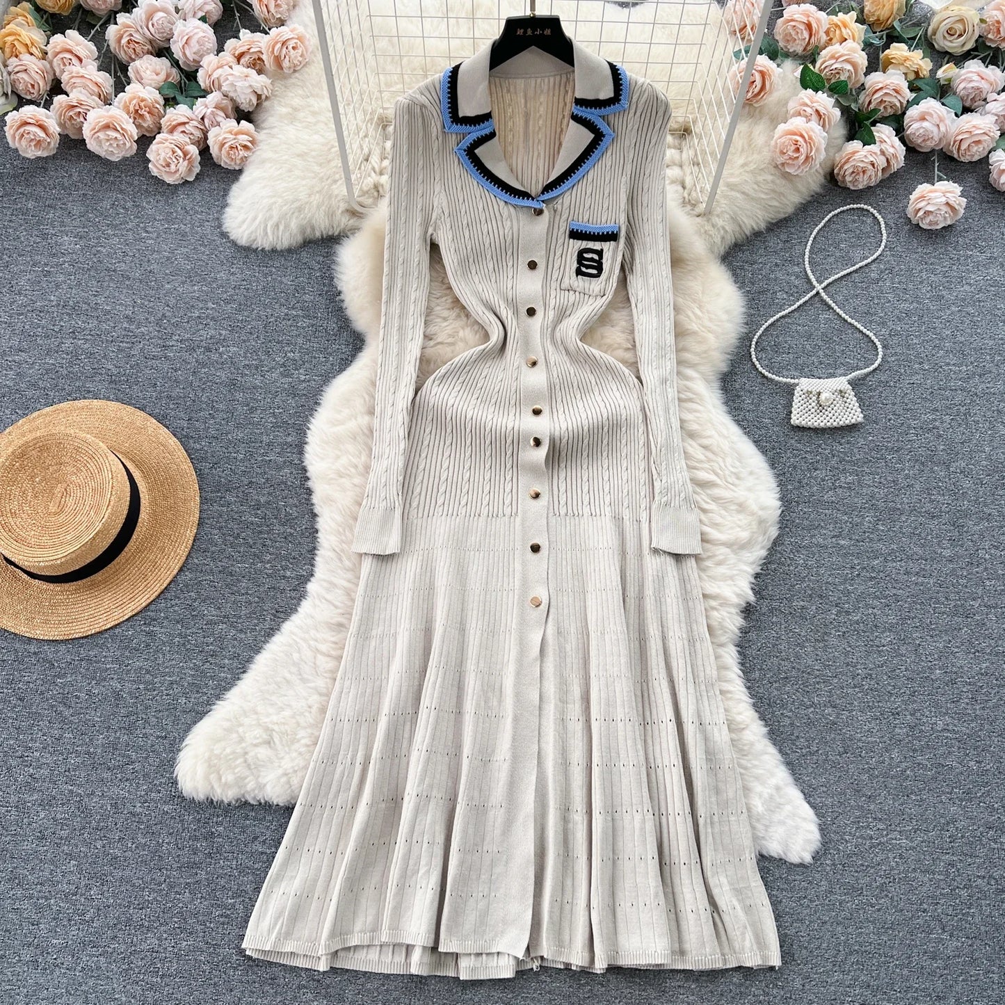 Elegant V Neck Single Breasted Embroidery Long Sleeve Knit A-line Dress Slim Fashion Sweater Sexy Women Autumn Winter Clothing