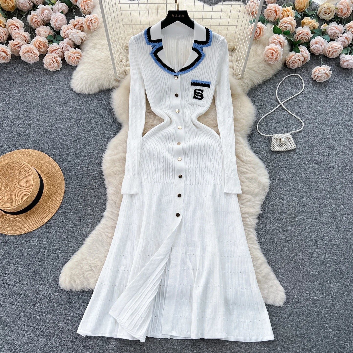Elegant V Neck Single Breasted Embroidery Long Sleeve Knit A-line Dress Slim Fashion Sweater Sexy Women Autumn Winter Clothing