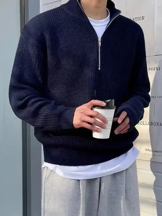 2023 Spring Autumn Men New Fashion Men Loose Half-high Collar Zipper Pullover Knitted Sweater Jacket All-match Clothing