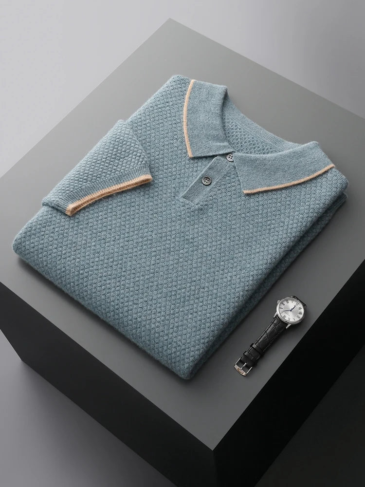 High-quality Spring Summer 100% Pure Goat Cashmere Men's Sweater POLO Neck Knit Pullovers Young Casual Tops Short Sleeve Shirt