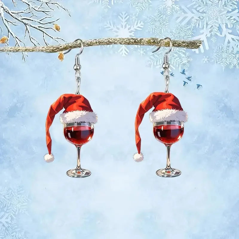 Wine Cup Christmas Hat Acrylic Pendant Earrings Woman New Year Wine Glass Christmas Pendant Earrings Friends Jewelry Gift