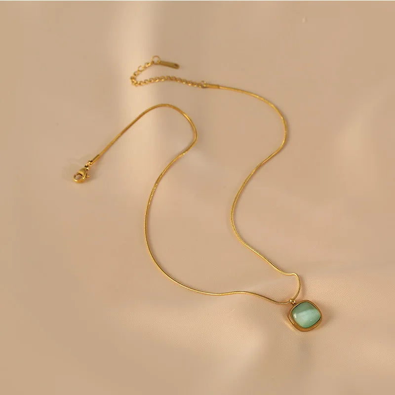 fashion High Quality Stainless steel Chain Light green stone Gold color Necklace Luxury Jewelry For Women's Clavicle Chain gift