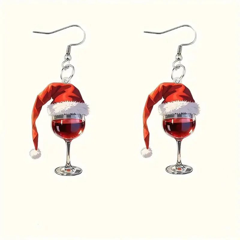 Wine Cup Christmas Hat Acrylic Pendant Earrings Woman New Year Wine Glass Christmas Pendant Earrings Friends Jewelry Gift