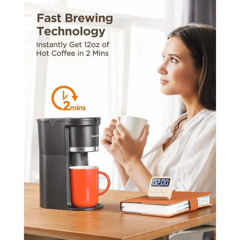 Mini Coffee Maker Single Serve, Instant One Cup for K Cup & Ground Coffee, 6 to 12 Oz Brew Sizes, Capsule Coffee Machine, Black
