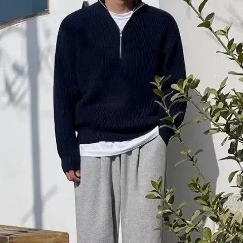 2023 Spring Autumn Men New Fashion Men Loose Half-high Collar Zipper Pullover Knitted Sweater Jacket All-match Clothing