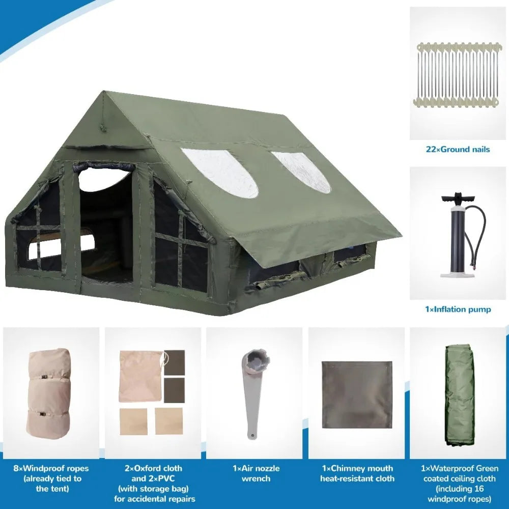 Inflatable Camping Tent, Luxury 4 Season Family Glamping Tents with Pump, Waterproof Canopy, Mesh Windows & Door