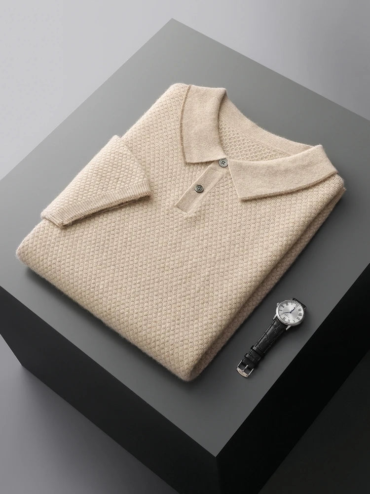 High-quality Spring Summer 100% Pure Goat Cashmere Men's Sweater POLO Neck Knit Pullovers Young Casual Tops Short Sleeve Shirt
