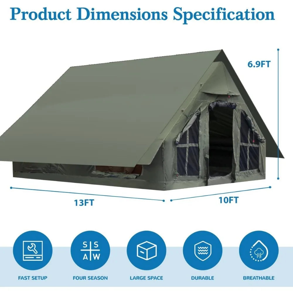 Inflatable Camping Tent, Luxury 4 Season Family Glamping Tents with Pump, Waterproof Canopy, Mesh Windows & Door