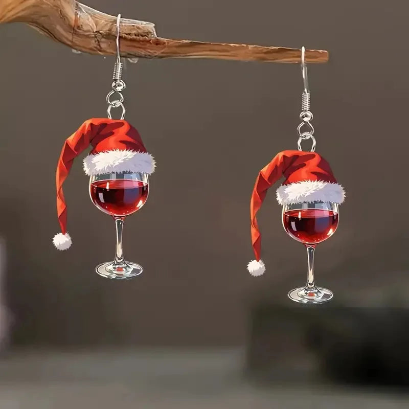 Wine Cup Christmas Hat Acrylic Pendant Earrings Woman New Year Wine Glass Christmas Pendant Earrings Friends Jewelry Gift