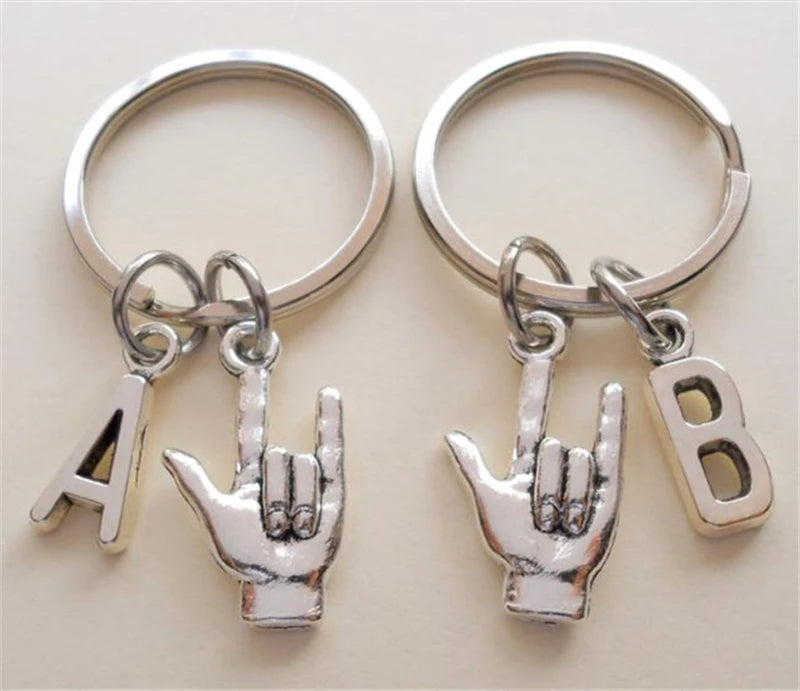 I Love You Hand Sign Keychain with Initial, Sign Language Charms, Couples Keychains, Best Friend Gift, Anniversary Gift