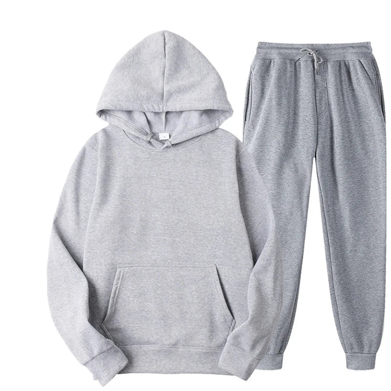 New Men Women Tracksuit Hoodies Casual Solid Color Thick Pullover and Long Pant 2-piece Set Men Autumn Fleece Jogger Sports Suit