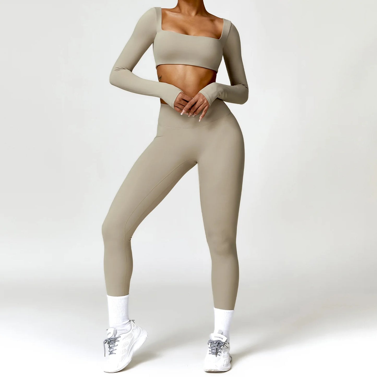 Yoga Set Women Naked Feel Fitness Sportswear 2 Piece Sports Bra High Waist Gym Leggings Long-Sleeved Workout Outfit Active Wear