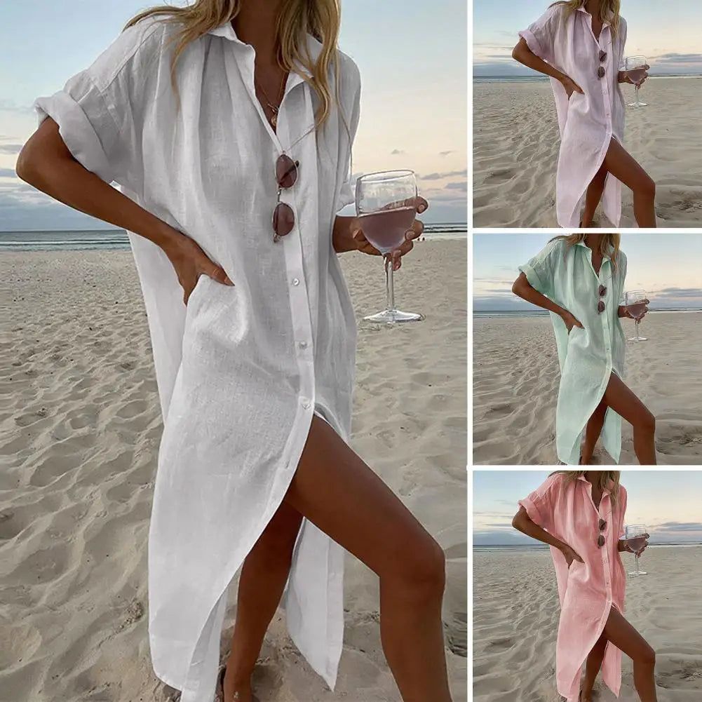 Cotton Linen Long Shirt Dress for Women 2024 Summer Pure Color Casual Short Sleeve Dress Beach Female Clothing Vestido Robe