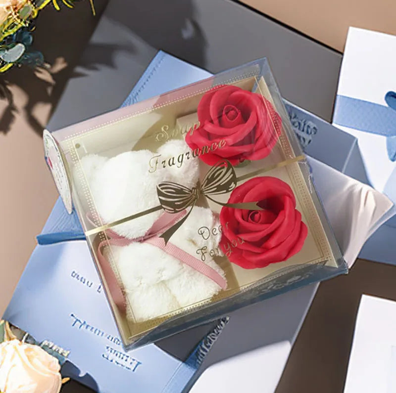 1pcs Towel Bear Soap Flower Gift Rose Box Red Soap Rose Flower Artificial Roses Flower Valentine's Day Wedding Birthday Gift Box