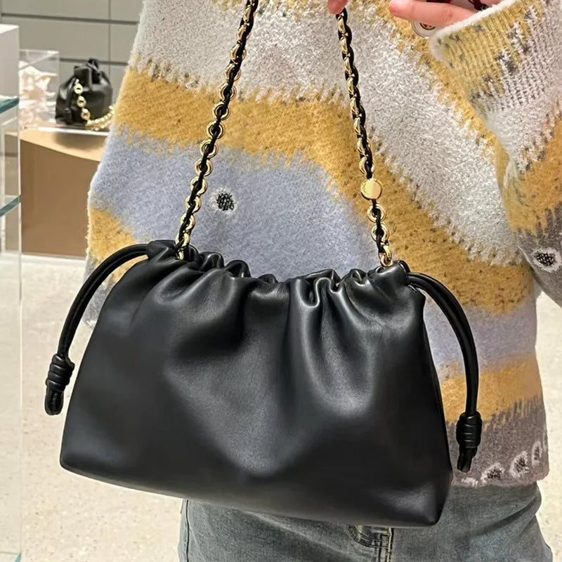 VIELINE New Women's Drawstring Cloud Bag Blessing Bag Hobos Bag Genuine Leather One Shoulder Crossbody Bag Casual Bucket Bag