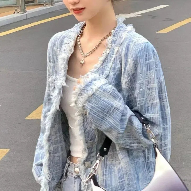 V Neck Age Reducing Single-breasted Denim Jacket Crochet Tassel Streetwear Chic Coat Y2k Korean Vintage Clothes Women Jaquetas