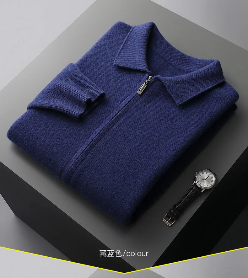 Luxury Autumn Winter Men Cashmere Sweater Thick Warm Zipper Cardigan 100% Merino Wool Knitwear Polo Collar Top Smart Casual Coat