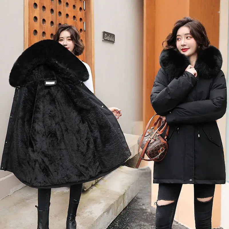 Women Parka 2024 New Fashion Long Coat Wool Liner Hooded Parkas Winter Jacket Slim with Fur Collar Warm Snow Wear Padded Clothes