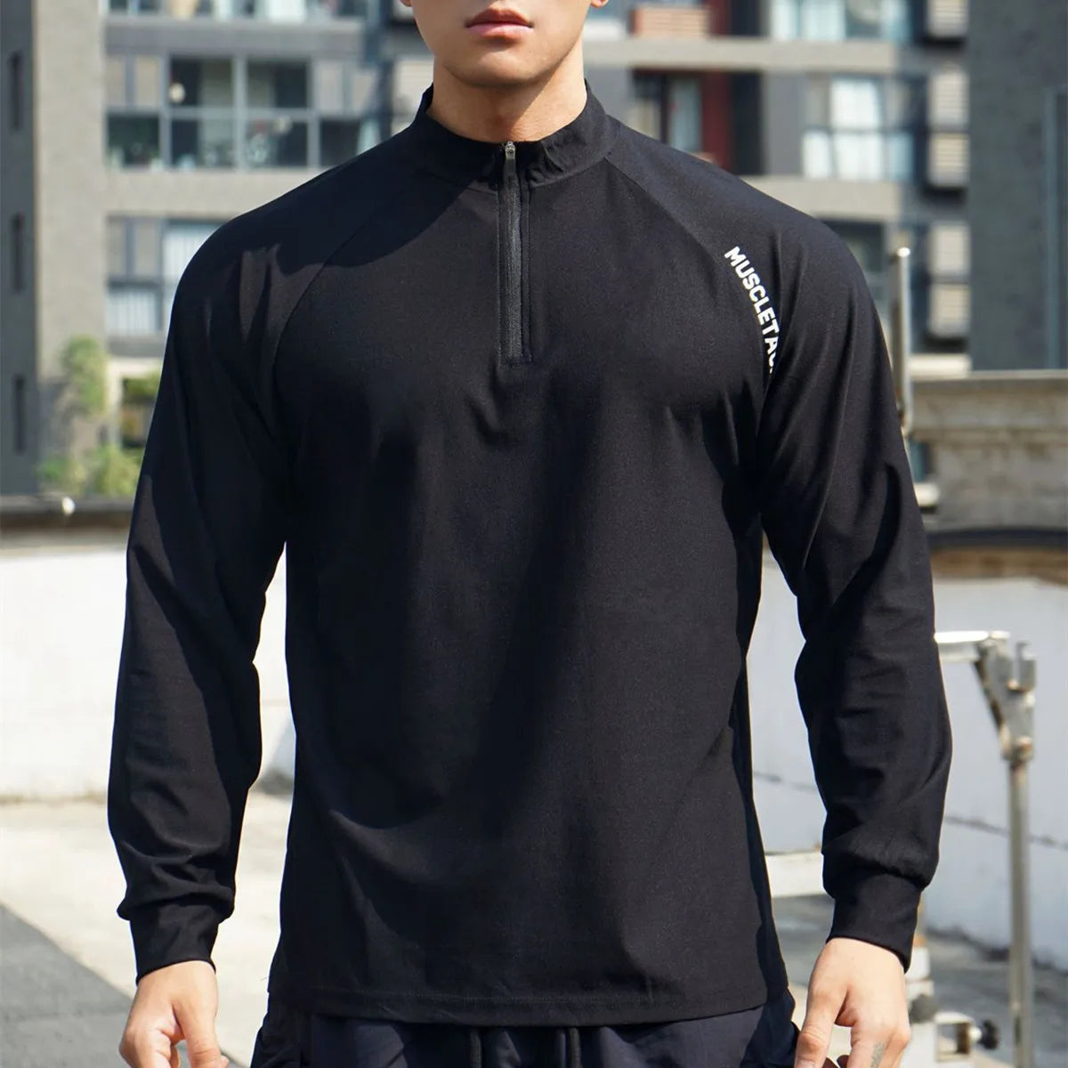 Spring Autumn Running Sport T-shirt Men Long Sleeves Shirt Zipper Tees Tops Gym Fitness Sportswear Male Black Training Clothing