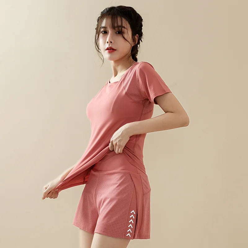 Summer Sport Set Short Sleeve Loose Tee Top High Waist Shorts Suit Leisure Women Gym Fitness Athletic Running Yoga Tracksuits