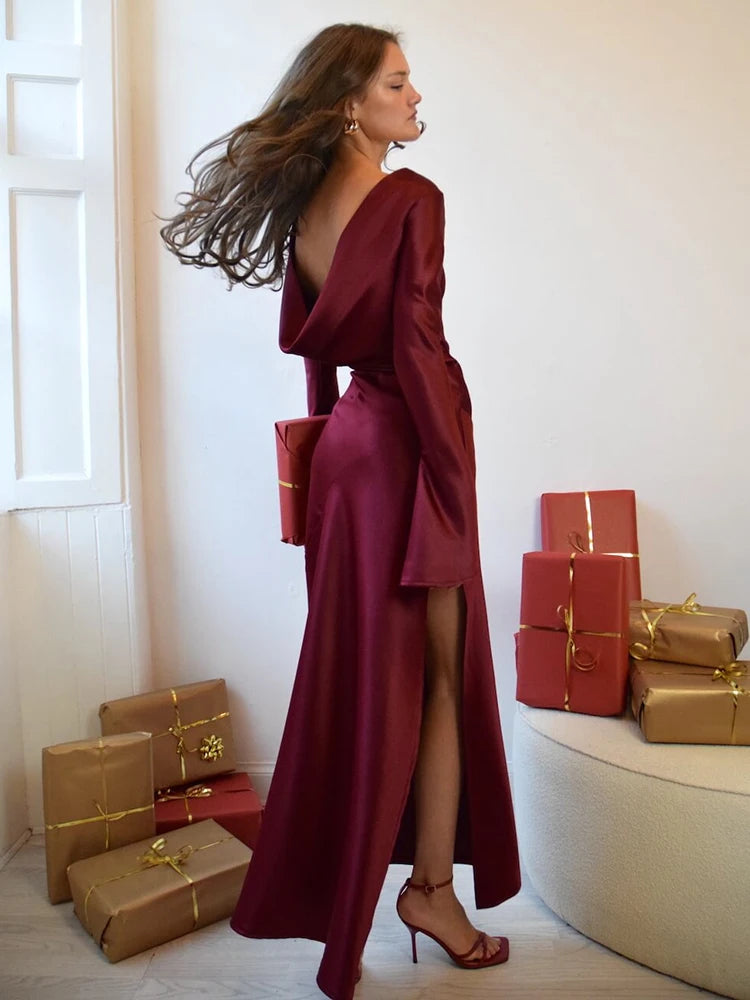 Articat Elegant Christmas Evening Dress Women Long Sleeve Dress Bodycon Max Female Vestidos High Grade Satin Party Club Clothing