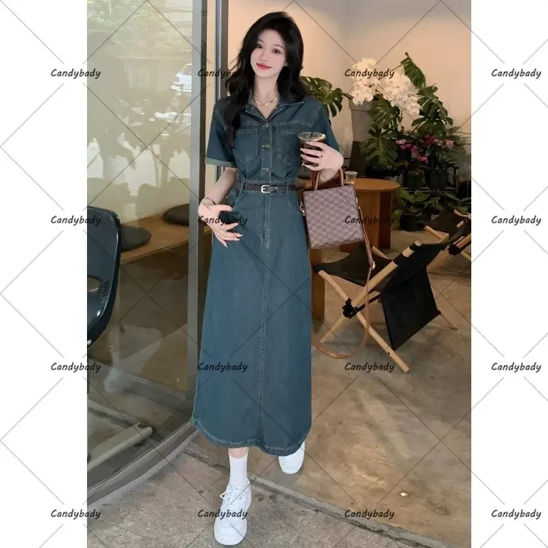 Retro Hong Kong style cowboy dress summer niche design high-end temperament French short-sleeved long skirt women's clothing