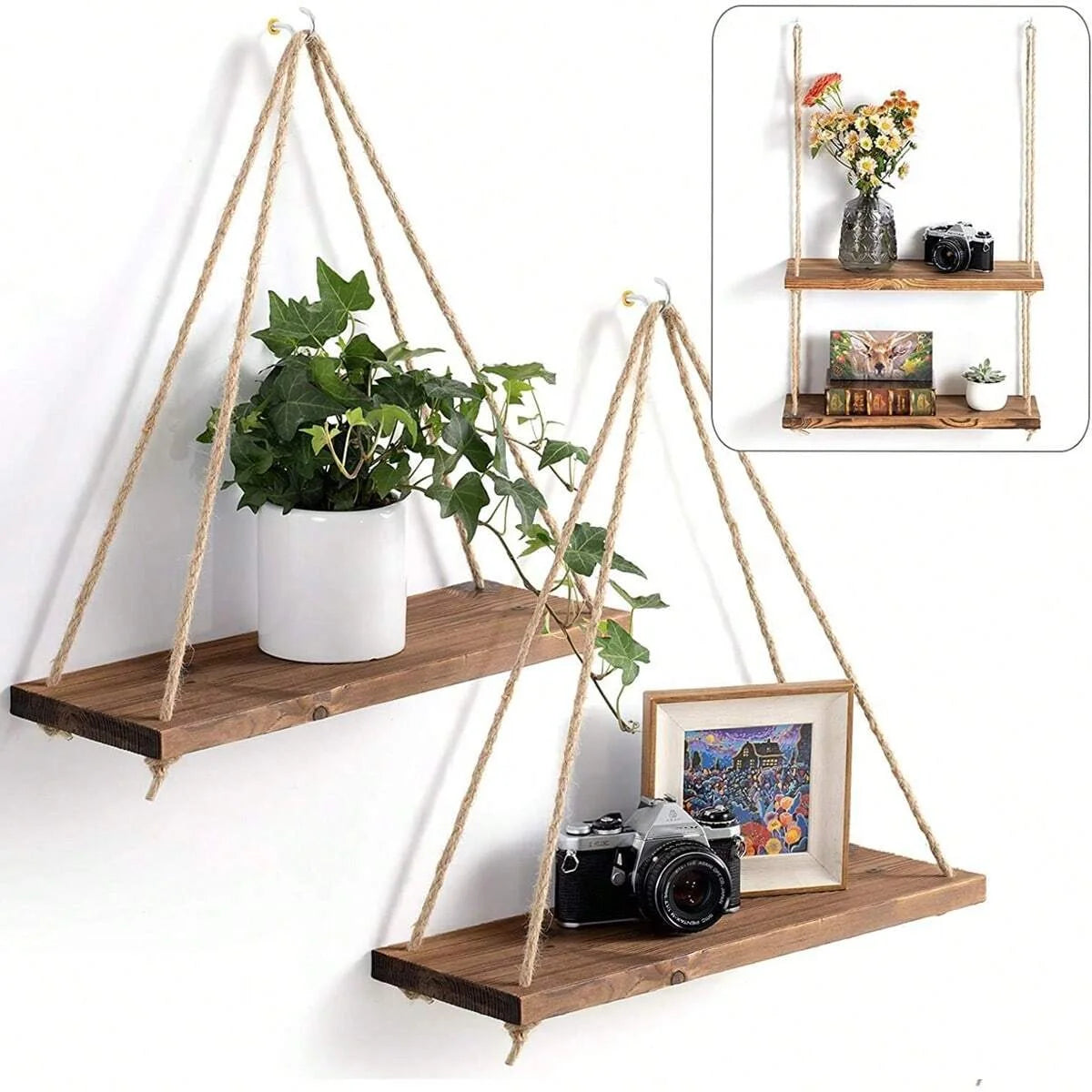 Wooden Swing Hanging Hemp Rope Wall Shelve Mounted Floating Wall Shelves Home Living Room Plant Tray Storage Garden Decoration