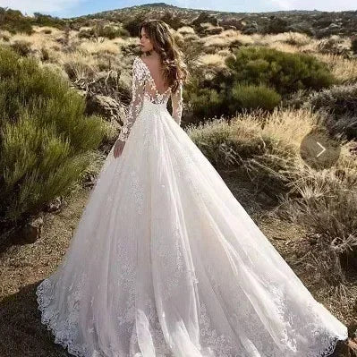 2024 Elegant High Waist Wedding Dress Women Clothing Pure White Long Sleeves Women's Solid Color Print Ball Gown