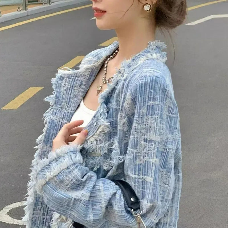 V Neck Age Reducing Single-breasted Denim Jacket Crochet Tassel Streetwear Chic Coat Y2k Korean Vintage Clothes Women Jaquetas