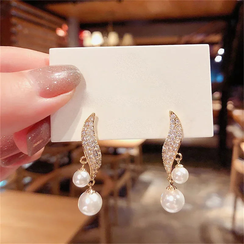 2024 New Classic Elegant Imitation Double Pearl Dangle Earrings For Women Crystal Long Tassel Drop Earring Wedding Jewelry Gifts