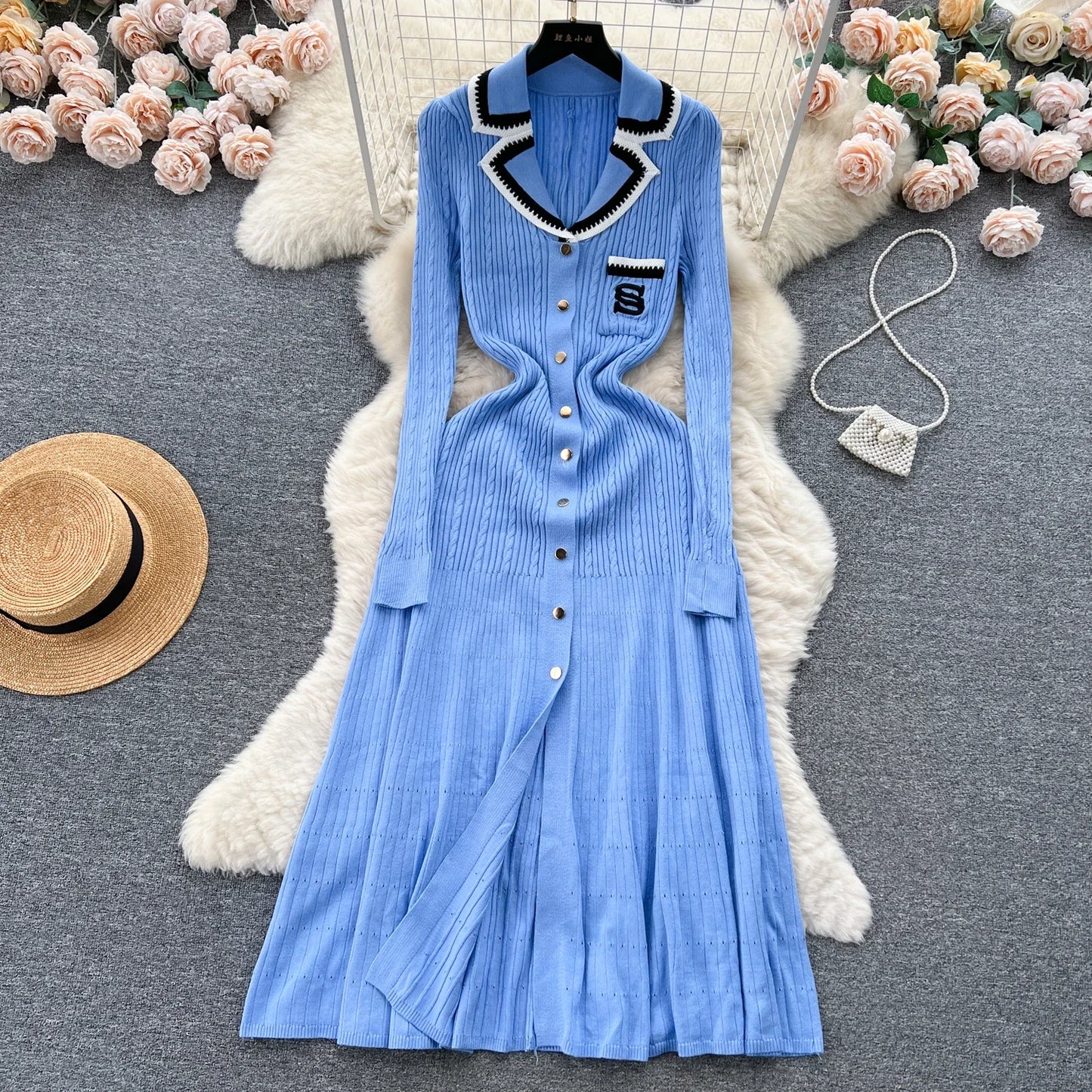 Elegant V Neck Single Breasted Embroidery Long Sleeve Knit  A-line Dress Slim Fashion Sweater Sexy Women Autumn Winter Clothing