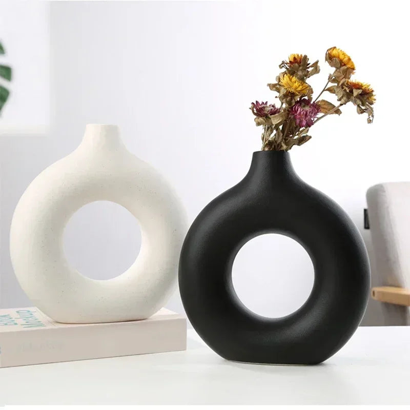 Nordic Vase Circular Hollow Ceramic Donuts Flower Pot Home Living Room Decoration Accessories Interior Office Desktop Decor Gift