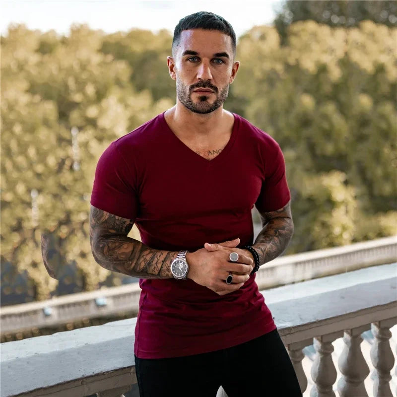 Gym T-shirt Men Fashion V Neck Short Sleeve Cotton Tshirt Slim Fit Sports Tee Shirt Bodybuilding Fitness Workout Summer Clothing