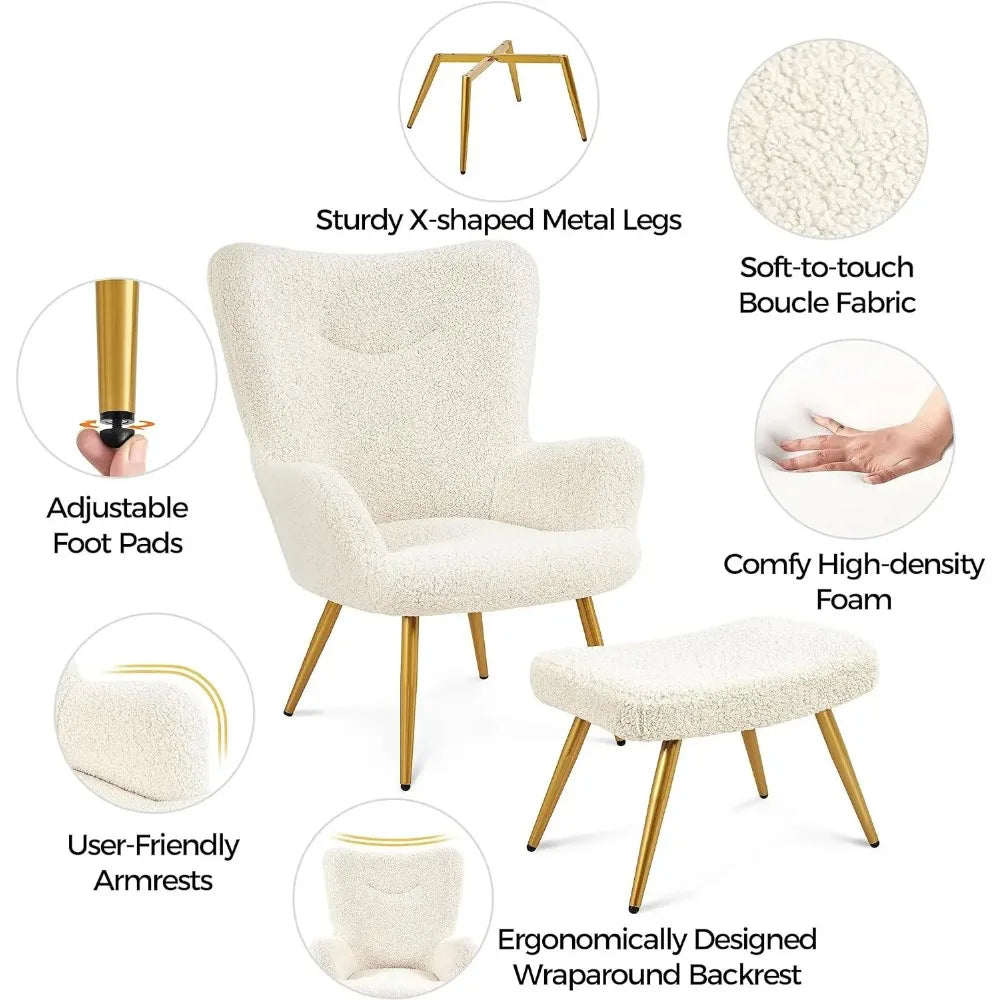 Accent Chair and Ottoman Set, Sherpa Armchair with Golden Metal Legs and High Back, Footstool for Living Room, Lounge, Ivory