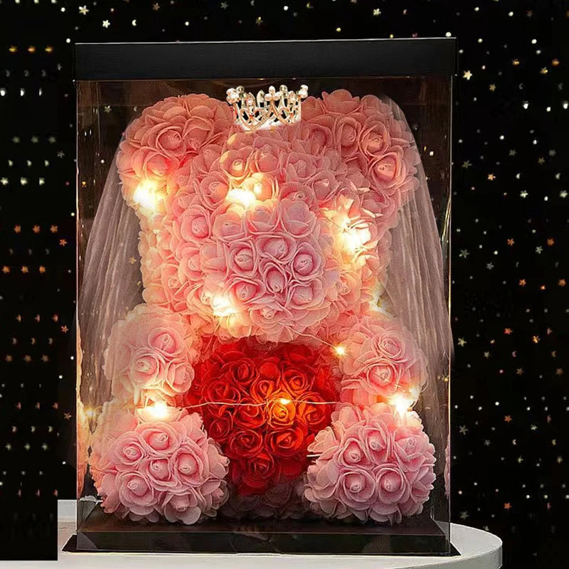 40cm Artificial Flowers Rose Bear Rose Bear With Crown Light Valentines Day Gift Box Girlfriend Anniversary Wedding Dedcor