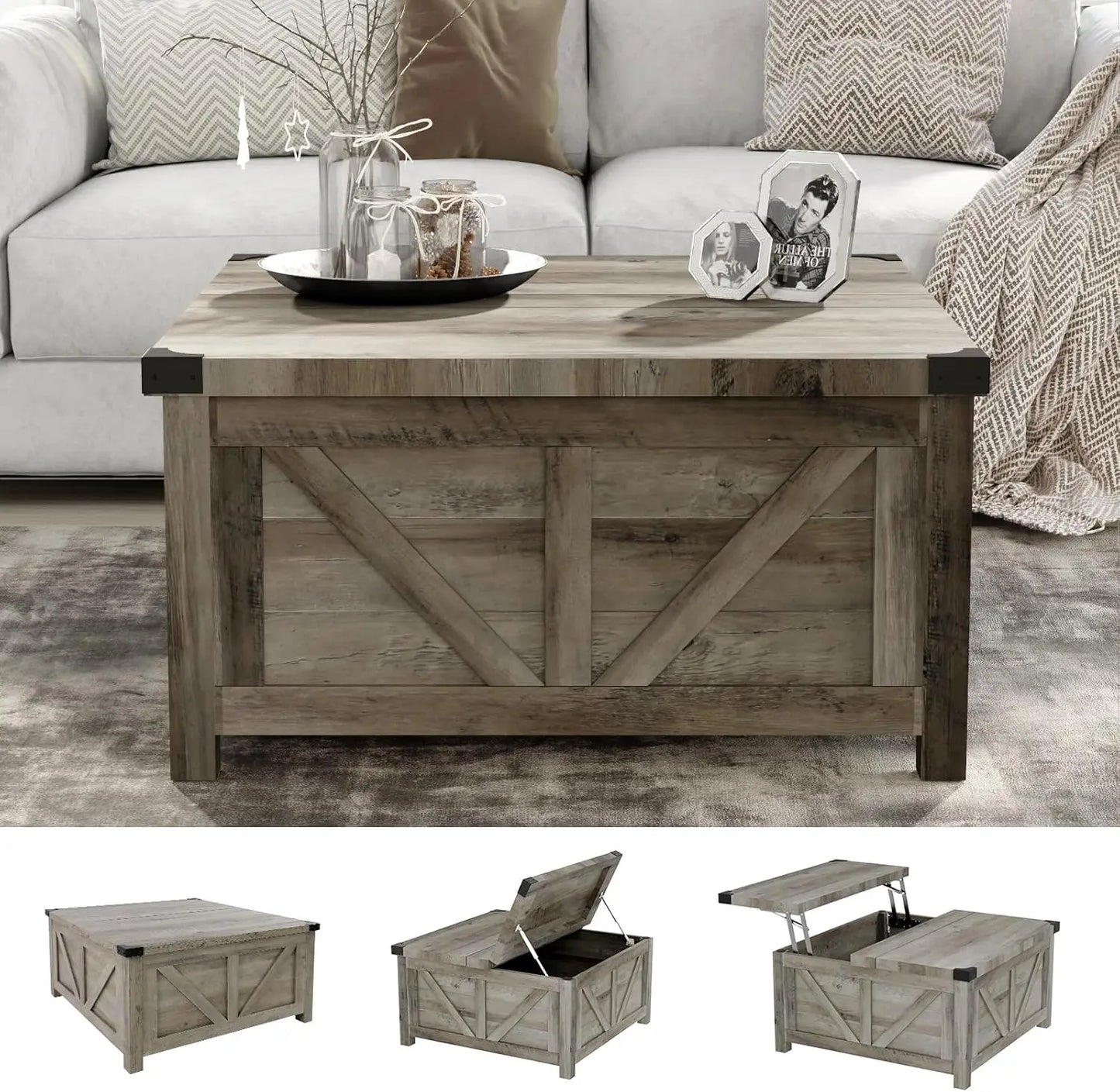 Farmhouse Lift Top Coffee Table with Storage, Wood Square Center Table with Charging Station&USB Ports,Living Room Central Table