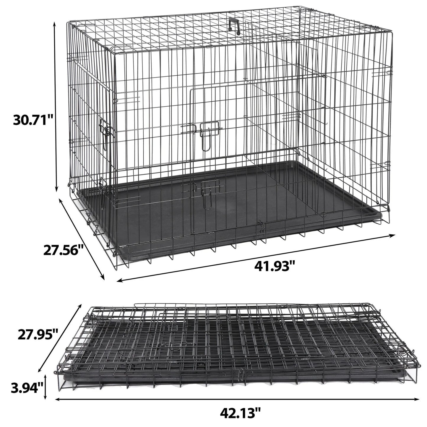 US42 inch dog box folding metal pet cage dog kennel double door with tray tray plate black-