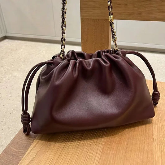 VIELINE New Women's Drawstring Cloud Bag Blessing Bag Hobos Bag Genuine Leather One Shoulder Crossbody Bag Casual Bucket Bag