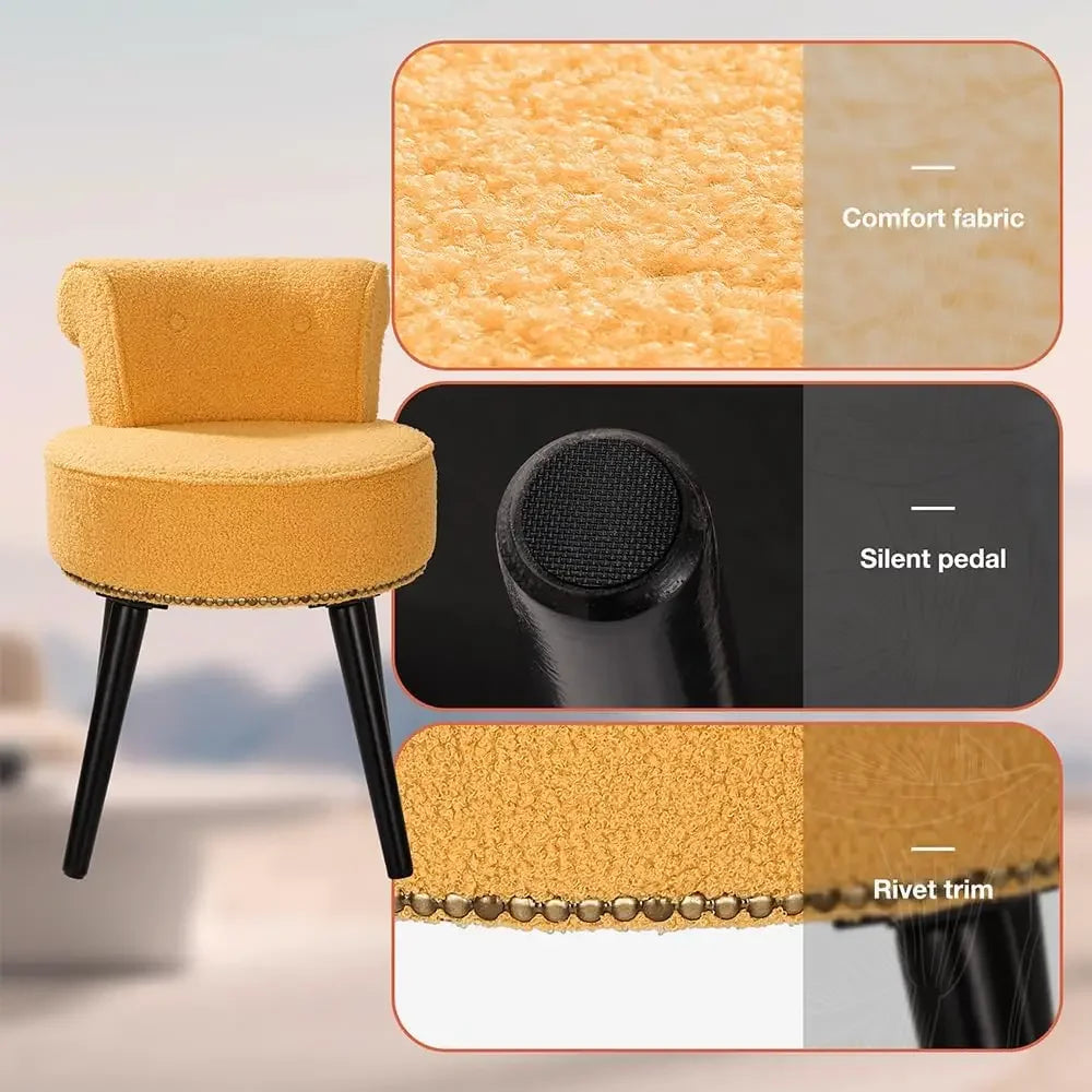 Sherpa Vanity Chair with Back Small Makeup Chair with Wood Legs Sherpa Vanity Stool Tufted Accent Chairs (Yellow)