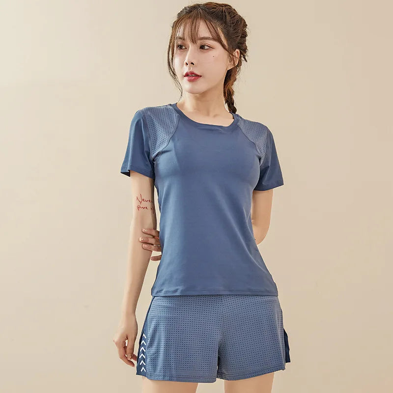 Summer Sport Set Short Sleeve Loose Tee Top High Waist Shorts Suit Leisure Women Gym Fitness Athletic Running Yoga Tracksuits