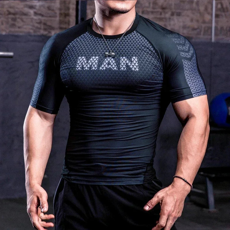 Men Tight Bodybuilding Sport T-shirt Quick Dry Running Shirt Short Sleeve Compression Top Gym Men Fitness Sweatshirt Workout