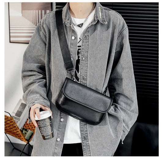 LEBSGE New Men Small Crossbody Square Bag Pu Leather Black Color Street Style Small Shoulder Bag Mobile Phone Bag Diagonal Bag