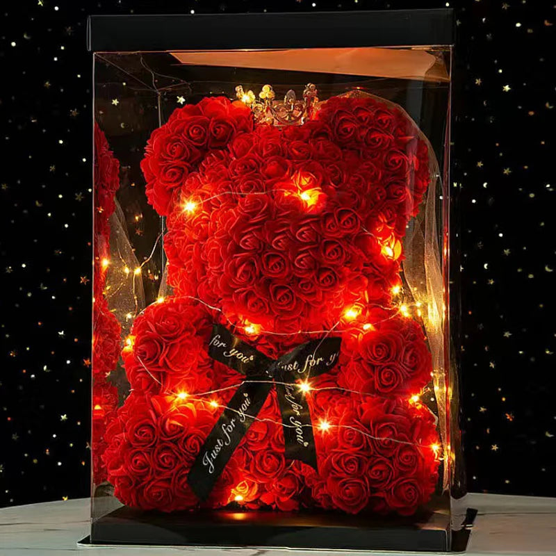 40cm Artificial Flowers Rose Bear Rose Bear With Crown Light Valentines Day Gift Box Girlfriend Anniversary Wedding Dedcor